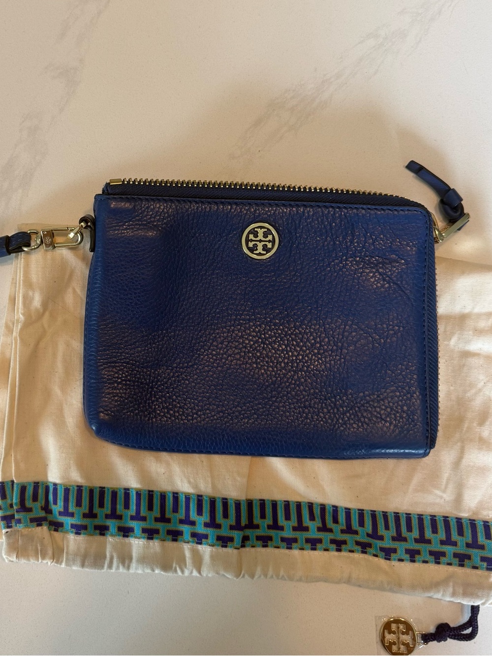 Tory Burch Robinson Blue Nile Leather Wristlet with Logo